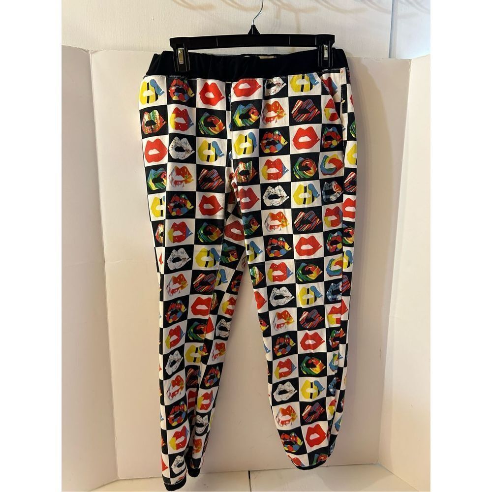 Hybrid & Company jogger pants loud bold colors pucker up lip pattern large rn#12